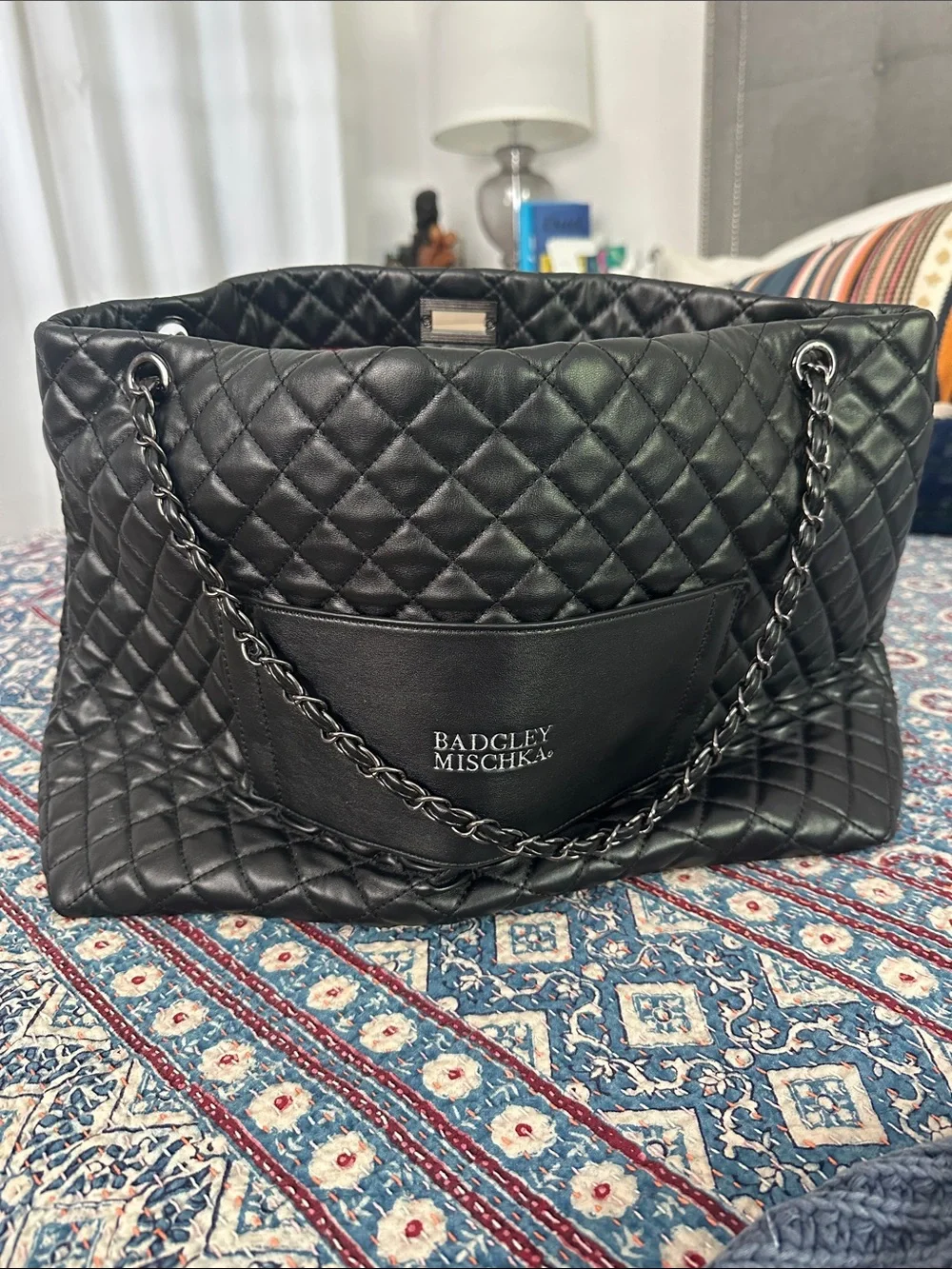 Badgley Mischka Black Quilted Chain-Handle Backpack